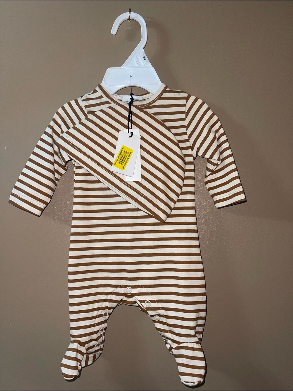 Scene and Heard Brown and White Striped Baby Footie with Matching Hat